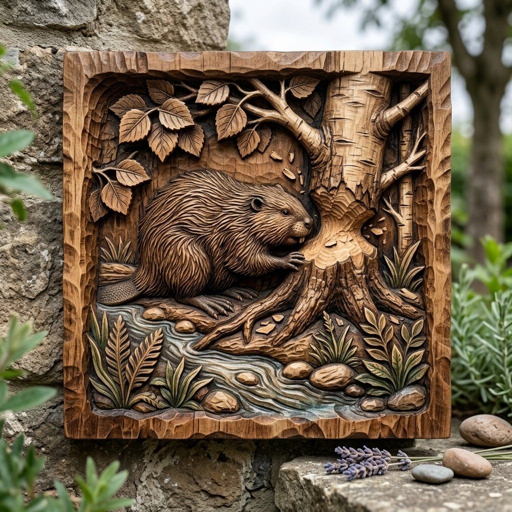 Beaver In Birch Forest Wildlife Wall Art bas-relief STL — view 7