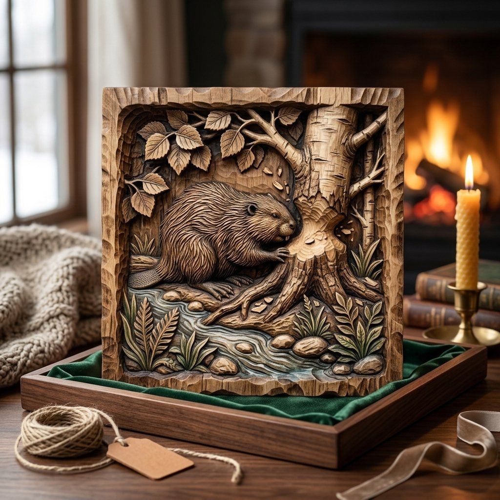 Beaver In Birch Forest Wildlife Wall Art bas-relief STL — view 8