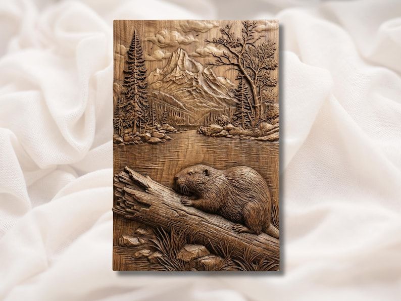 Wood-carved bas-relief of a beaver on a log beside a lake with pine trees and mountains