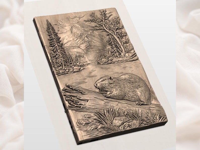 Beaver on a Log by a Mountain Lake Bas-Relief STL bas-relief STL — view 3