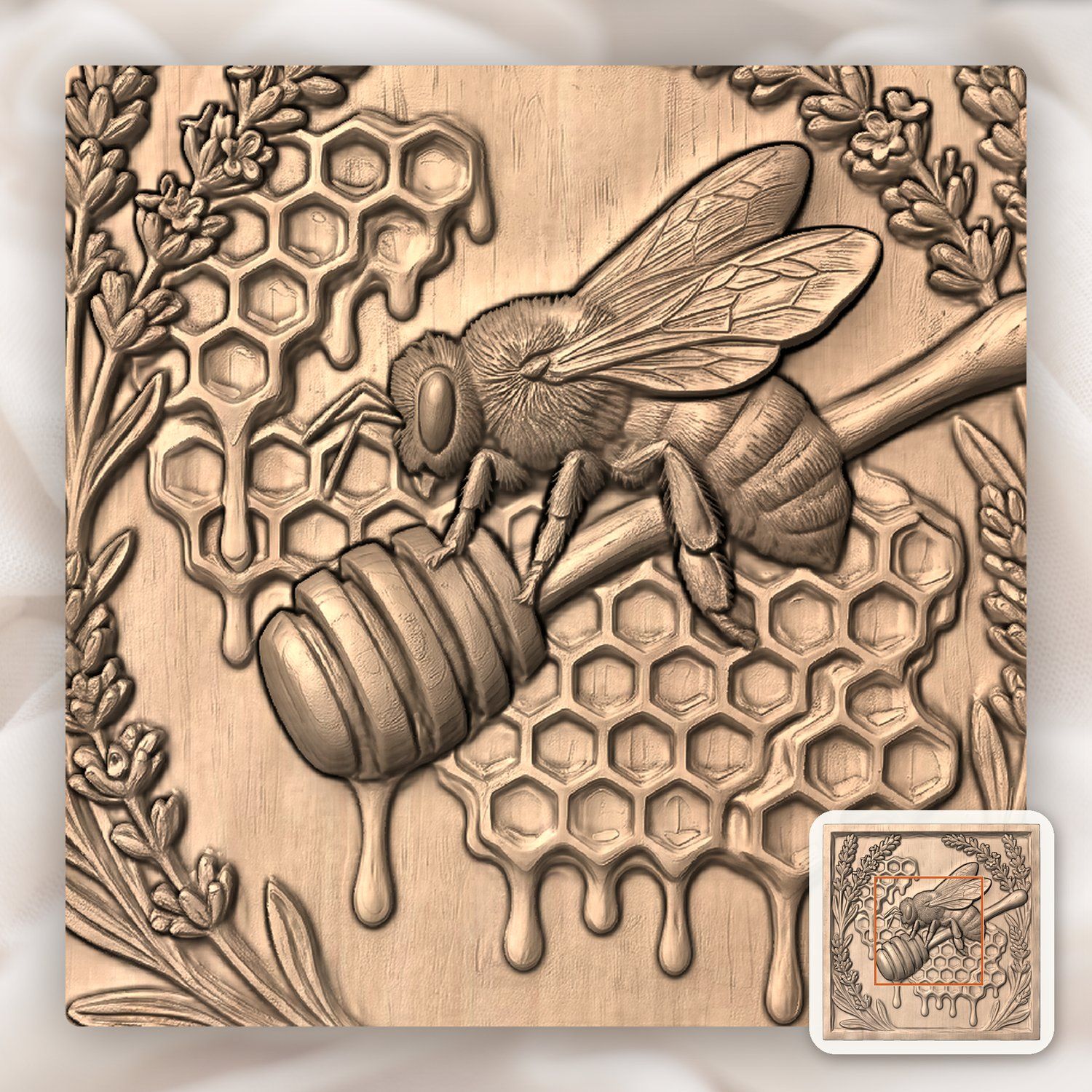 Bee Lavender Honeycomb CNC Relief STL bas-relief STL — view 6