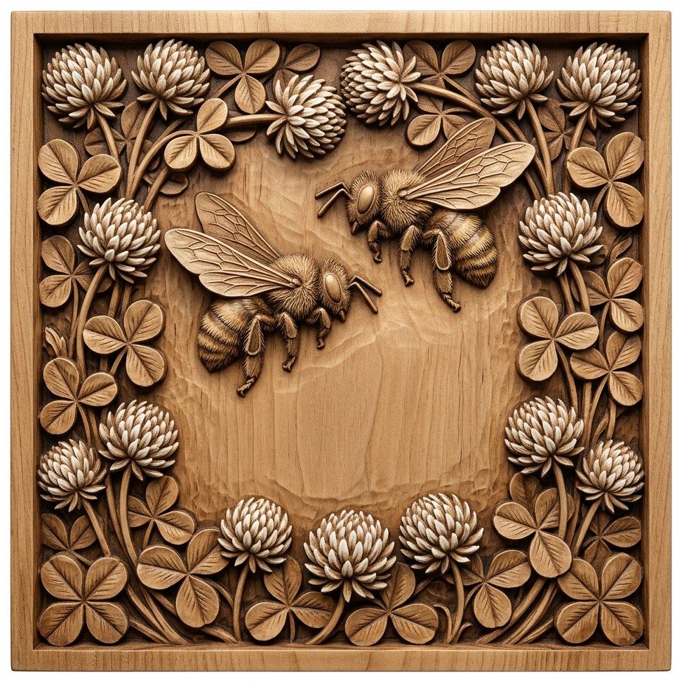 Bees and Clover Botanical Nature Scene CNC Relief STL | Honeybee Wood Carving Pattern | Rustic Garden Wall Art Panel — carved bas relief STL file for CNC
