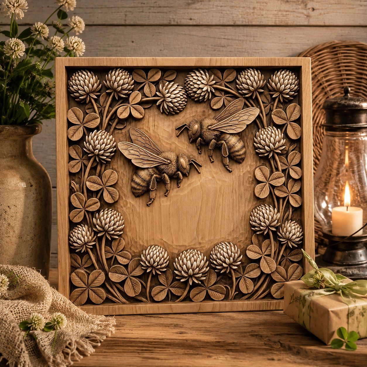 Bees and Clover Botanical Nature Scene CNC Relief STL bas-relief STL — view 10