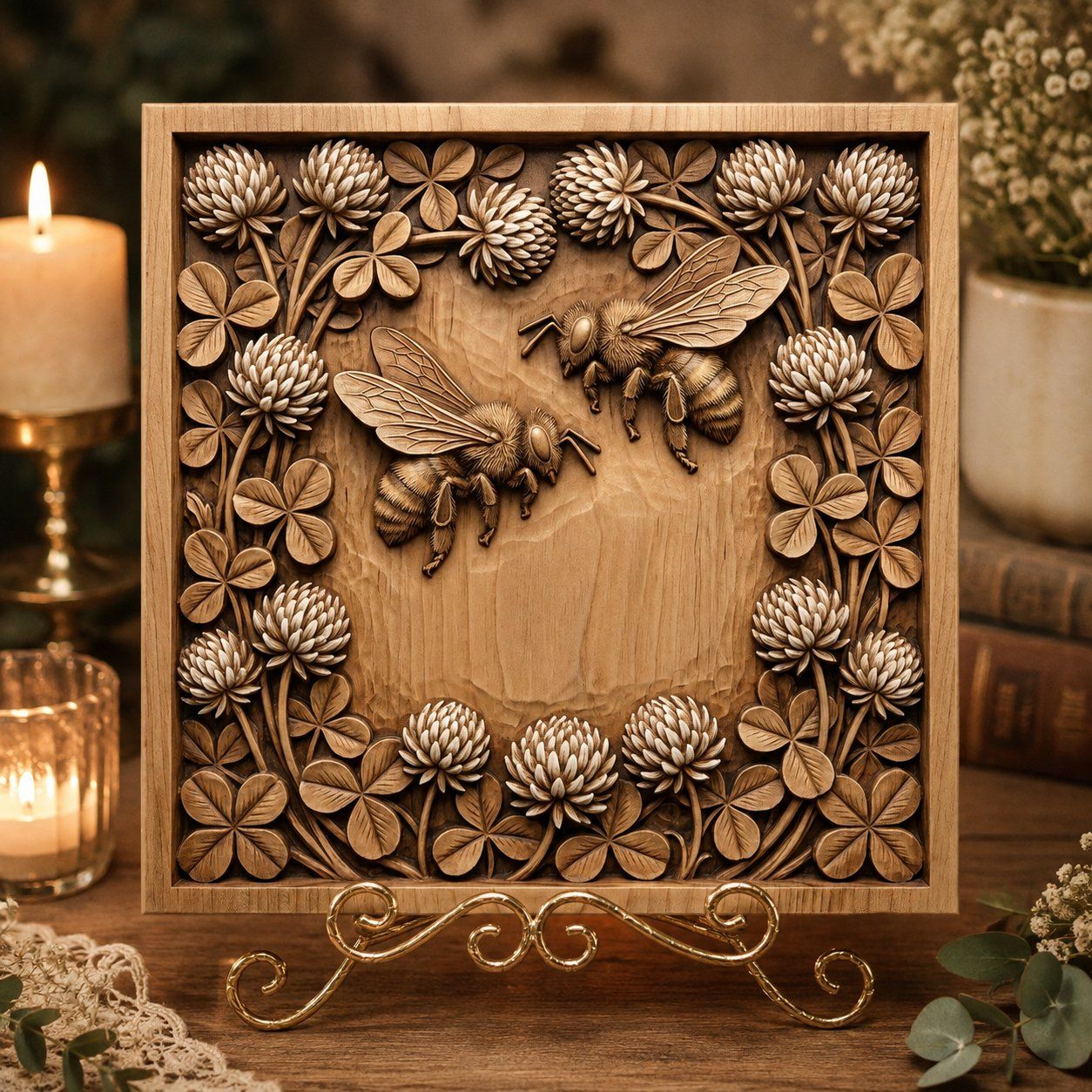 Bees and Clover Botanical Nature Scene CNC Relief STL bas-relief STL — view 7