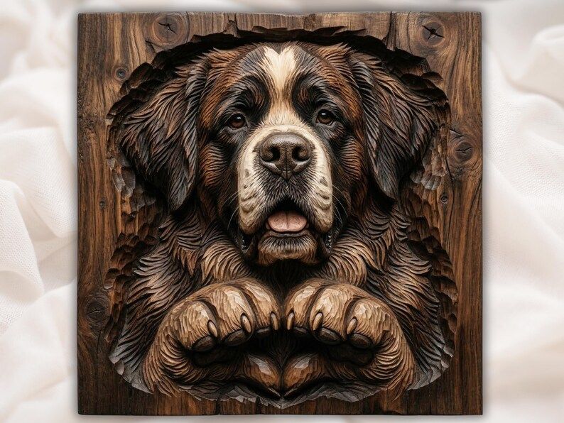 Carved wood bas-relief of a Saint Bernard dog with front paws crossed into a heart shape