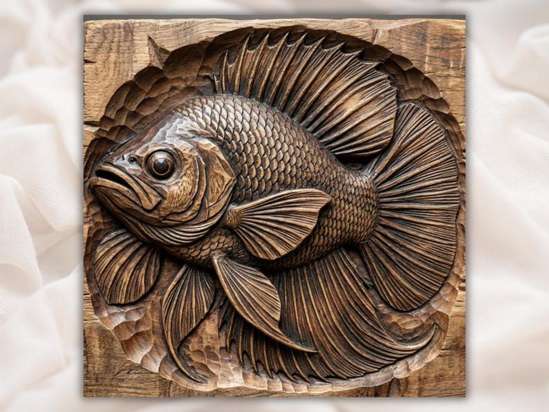 Carved wood bas-relief of a round-bodied sunfish with fanned fins and detailed scales on a timber panel.