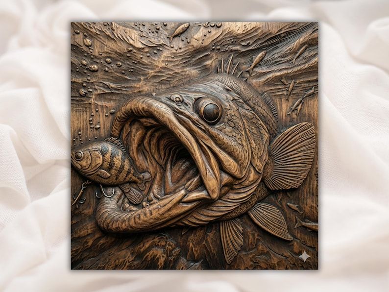 Carved wood 3D relief of a largemouth bass with open mouth biting a baitfish in an underwater scene