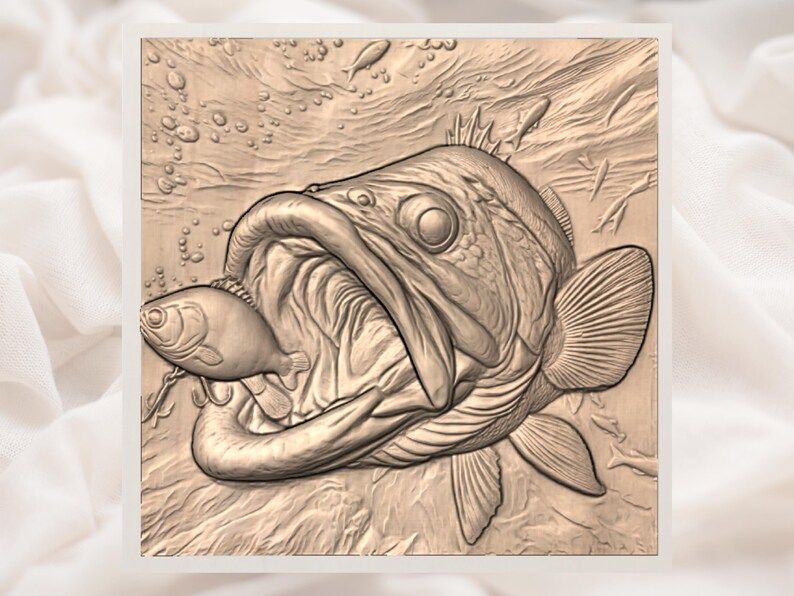 Big Bass Striking Bait Underwater 3D Relief STL Carving bas-relief STL — view 2