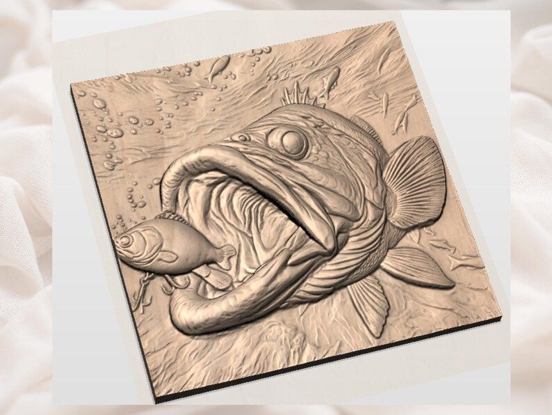 Big Bass Striking Bait Underwater 3D Relief STL Carving bas-relief STL — view 3