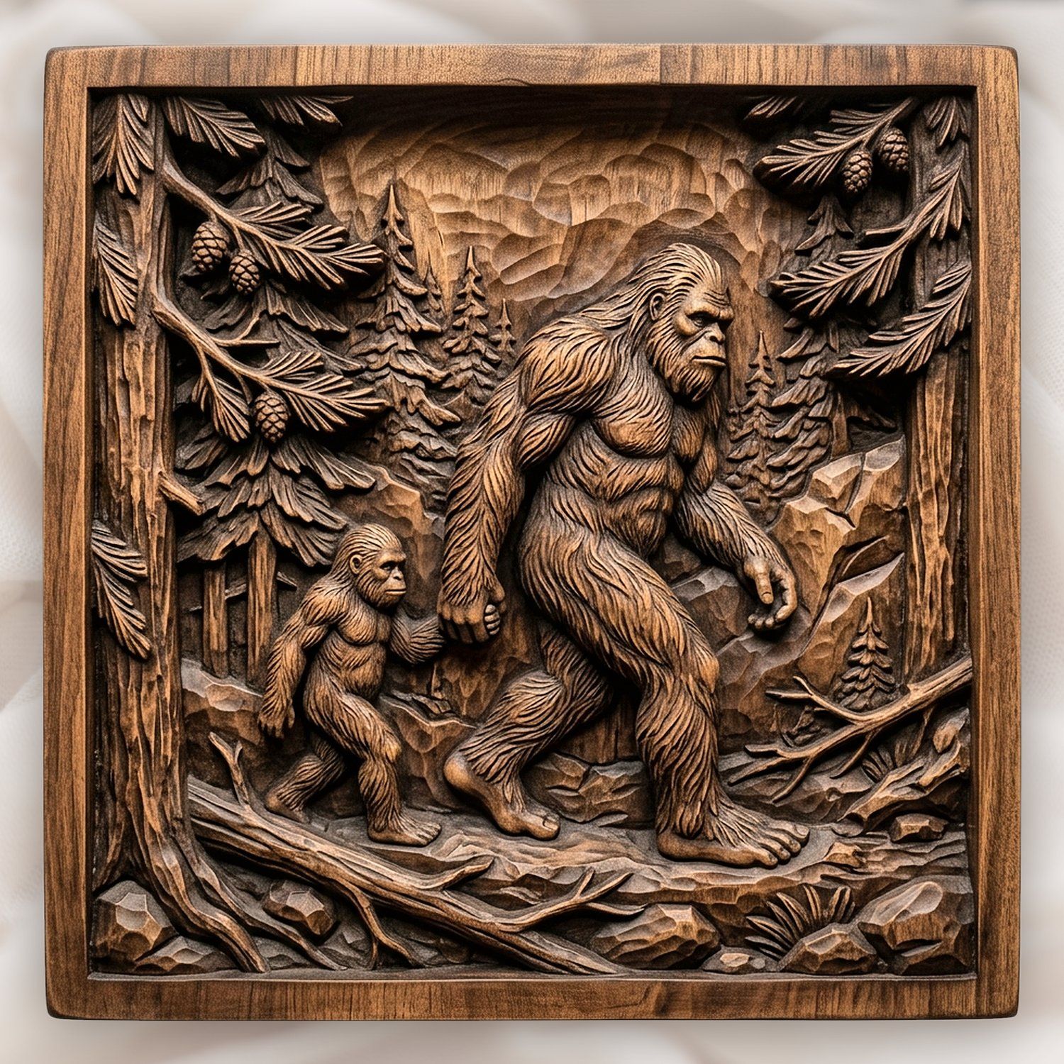 Bigfoot Family Pine Forest Panel CNC Relief STL bas-relief STL design
