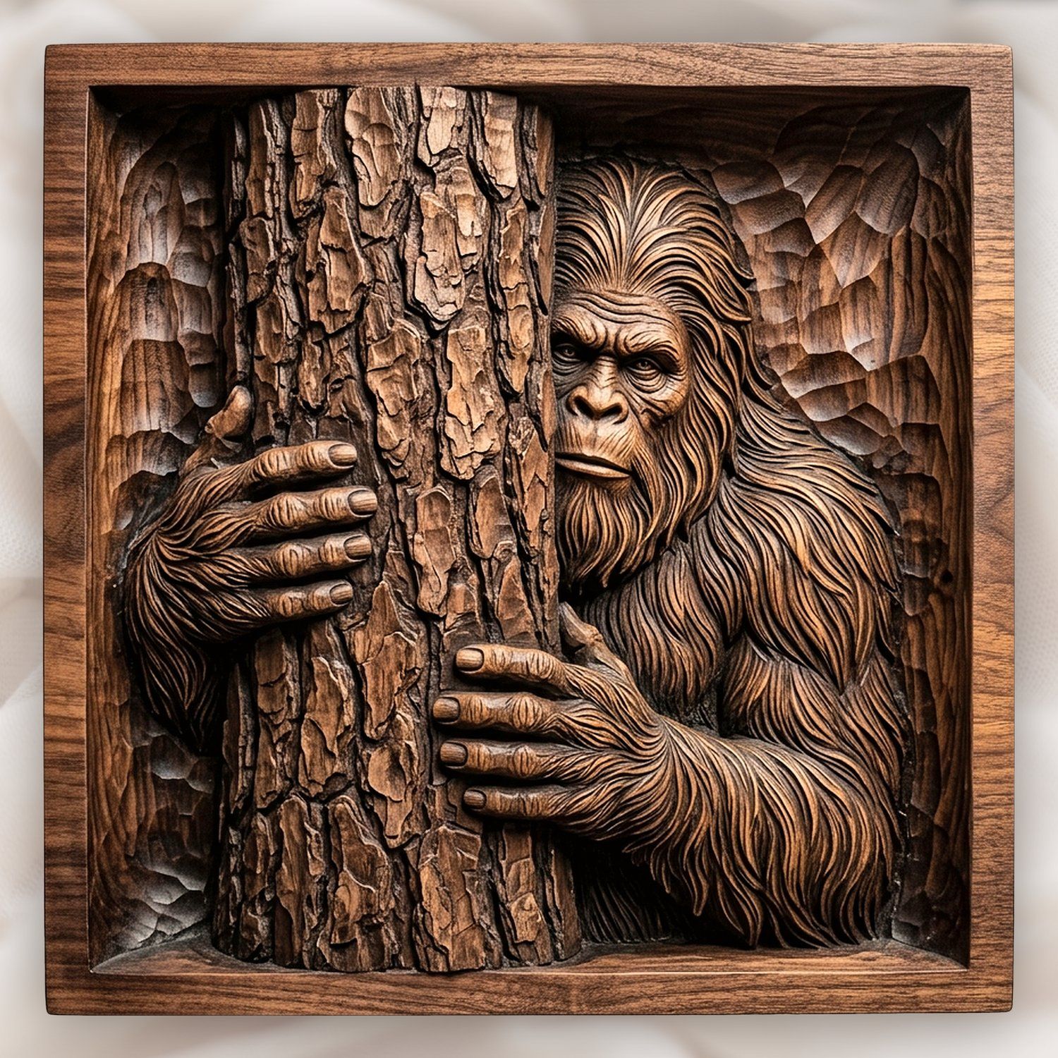 Bigfoot Peeking Behind Tree Wall Panel CNC Relief STL bas-relief STL design