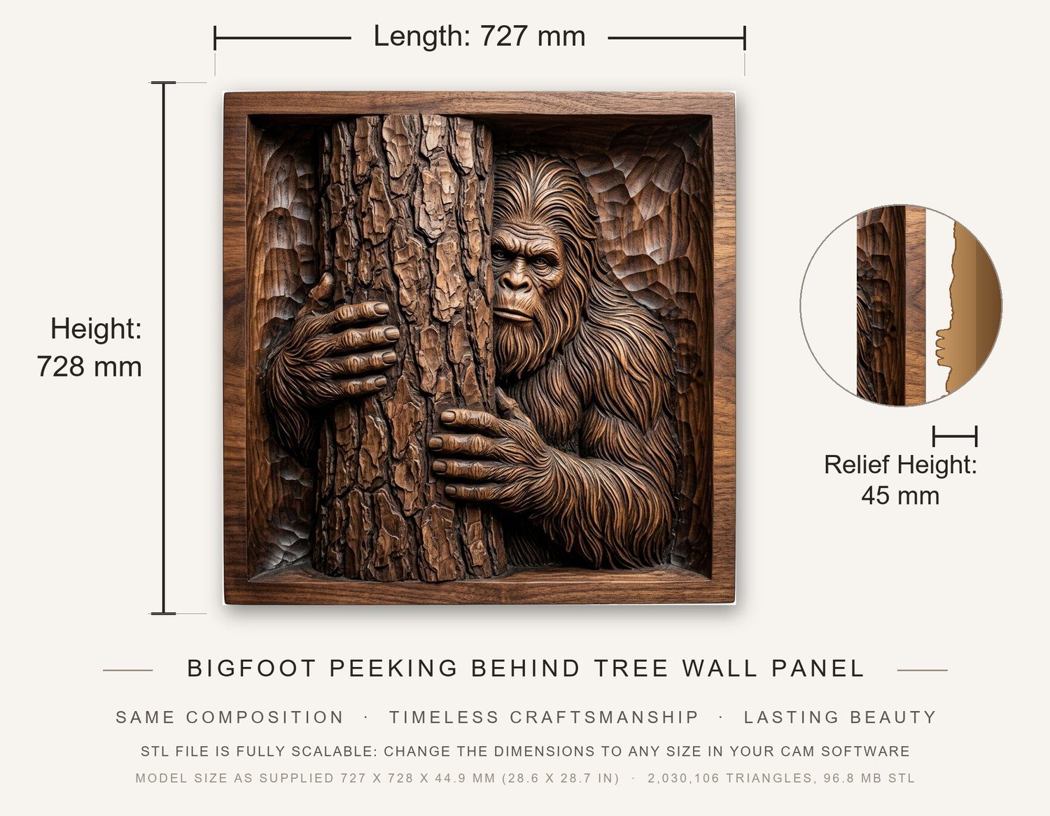 Bigfoot Peeking Behind Tree Wall Panel CNC Relief STL bas-relief STL — view 3