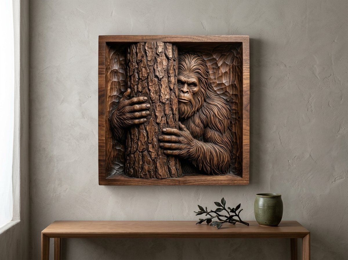 Bigfoot Peeking Behind Tree Wall Panel CNC Relief STL bas-relief STL — view 12