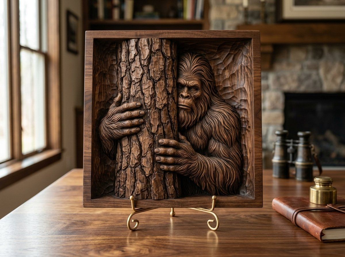 Bigfoot Peeking Behind Tree Wall Panel CNC Relief STL bas-relief STL — view 13