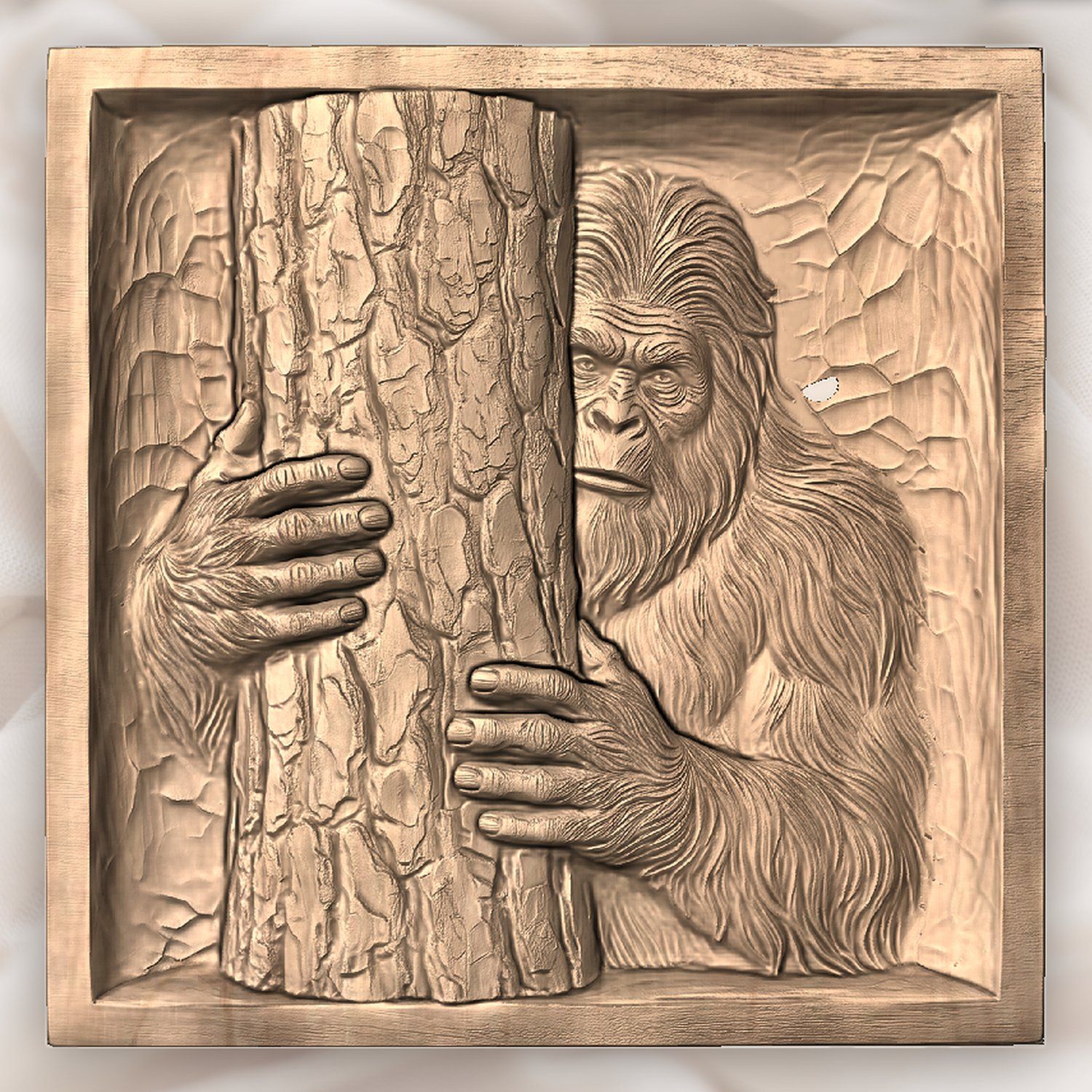 Bigfoot Peeking Behind Tree Wall Panel CNC Relief STL bas-relief STL — view 4