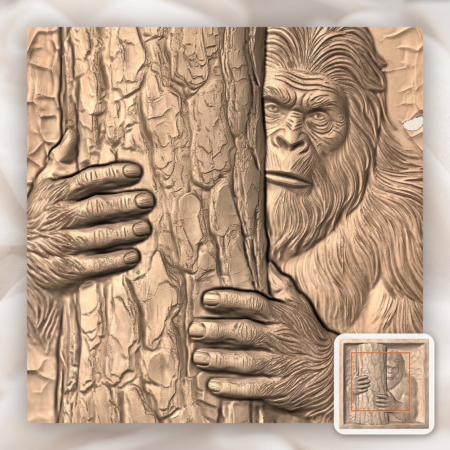 Bigfoot Peeking Behind Tree Wall Panel CNC Relief STL bas-relief STL — view 6