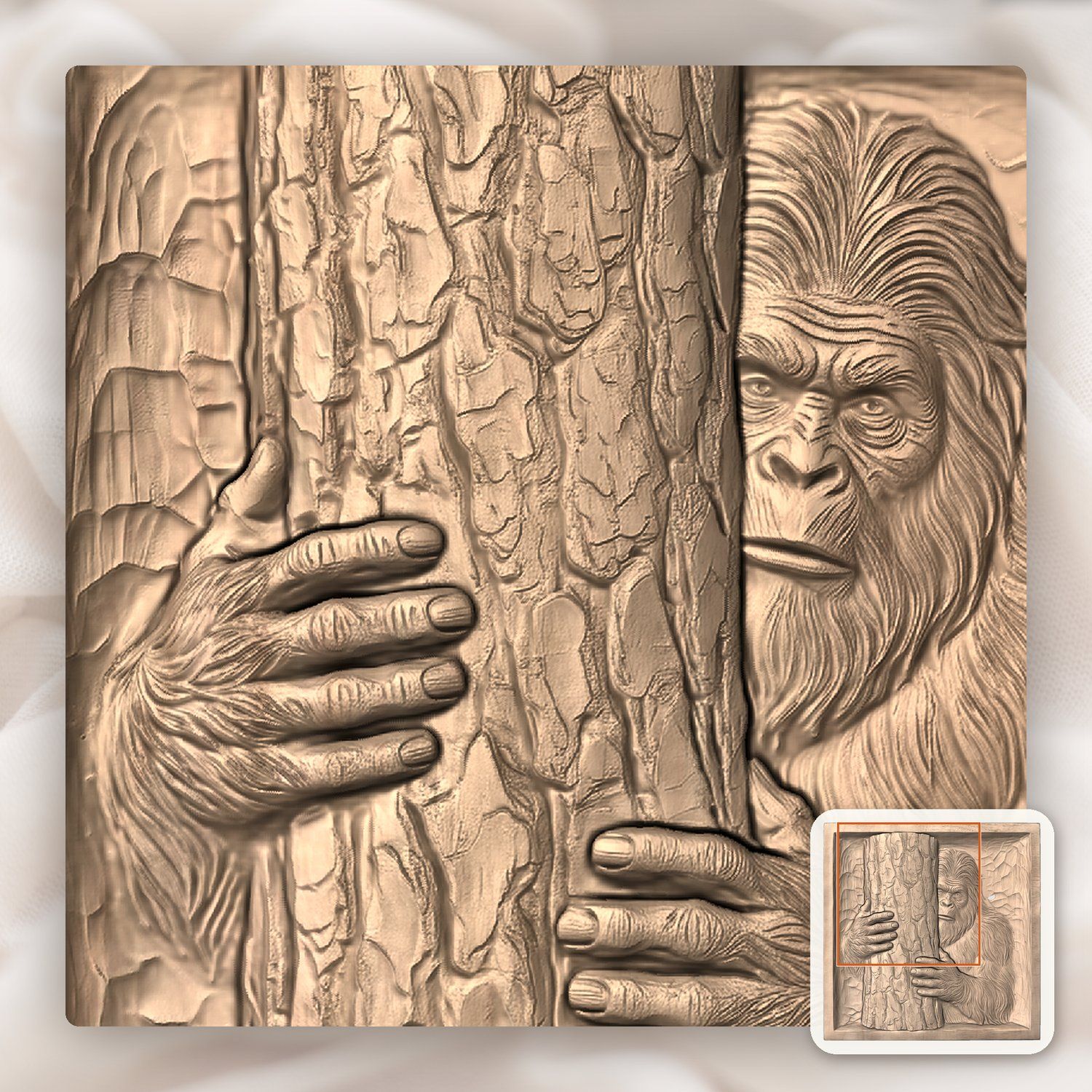 Bigfoot Peeking Behind Tree Wall Panel CNC Relief STL bas-relief STL — view 8