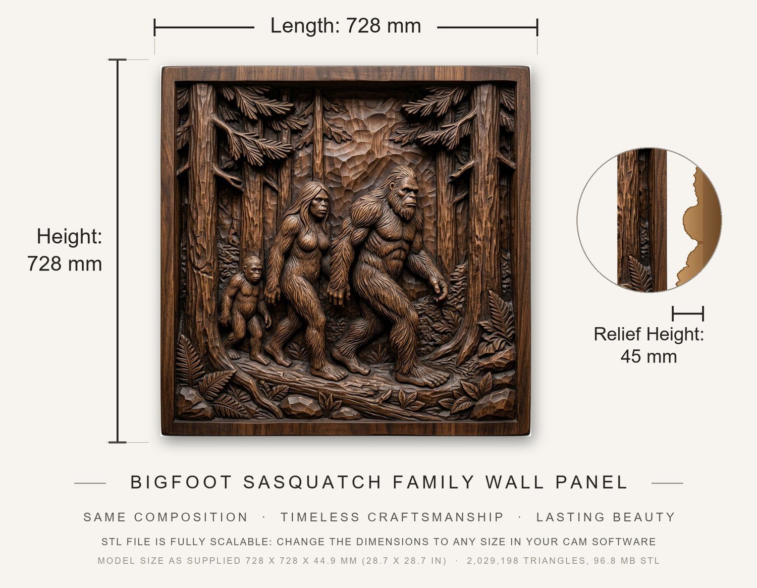 Bigfoot Sasquatch Family Wall Panel CNC Relief STL bas-relief STL — view 3