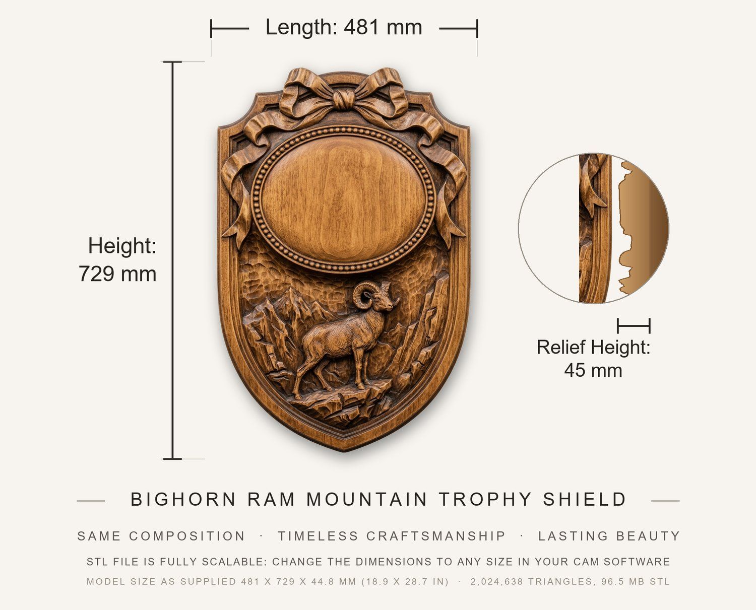 Bighorn Ram Mountain Trophy Shield CNC Relief STL bas-relief STL — view 3