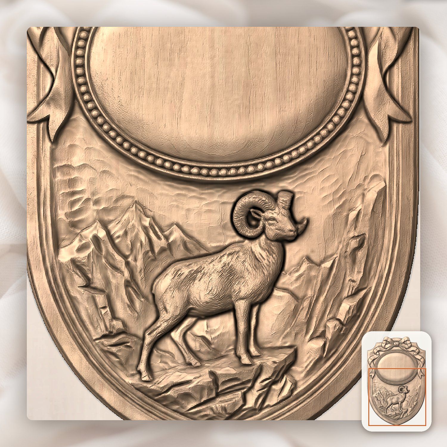 Bighorn Ram Mountain Trophy Shield CNC Relief STL bas-relief STL — view 6