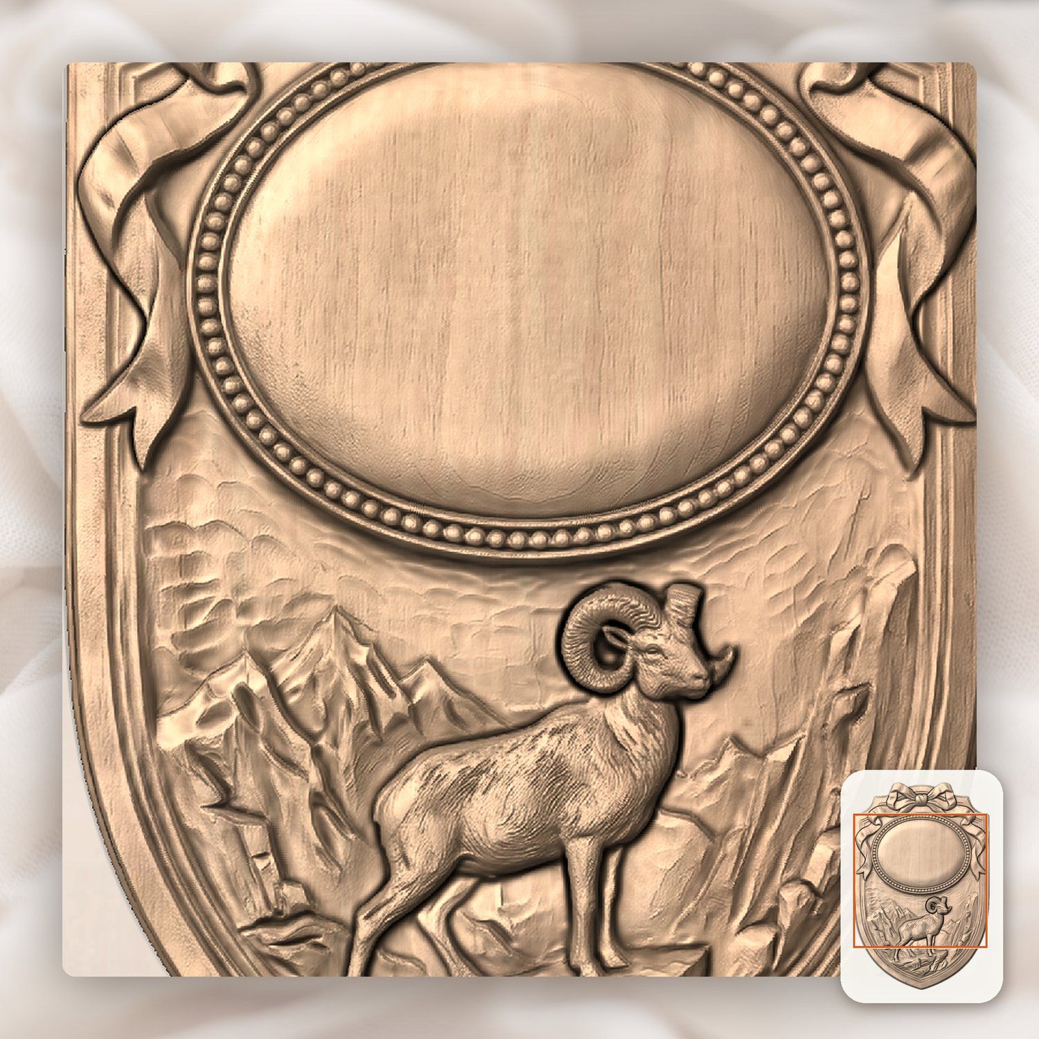 Bighorn Ram Mountain Trophy Shield CNC Relief STL bas-relief STL — view 7
