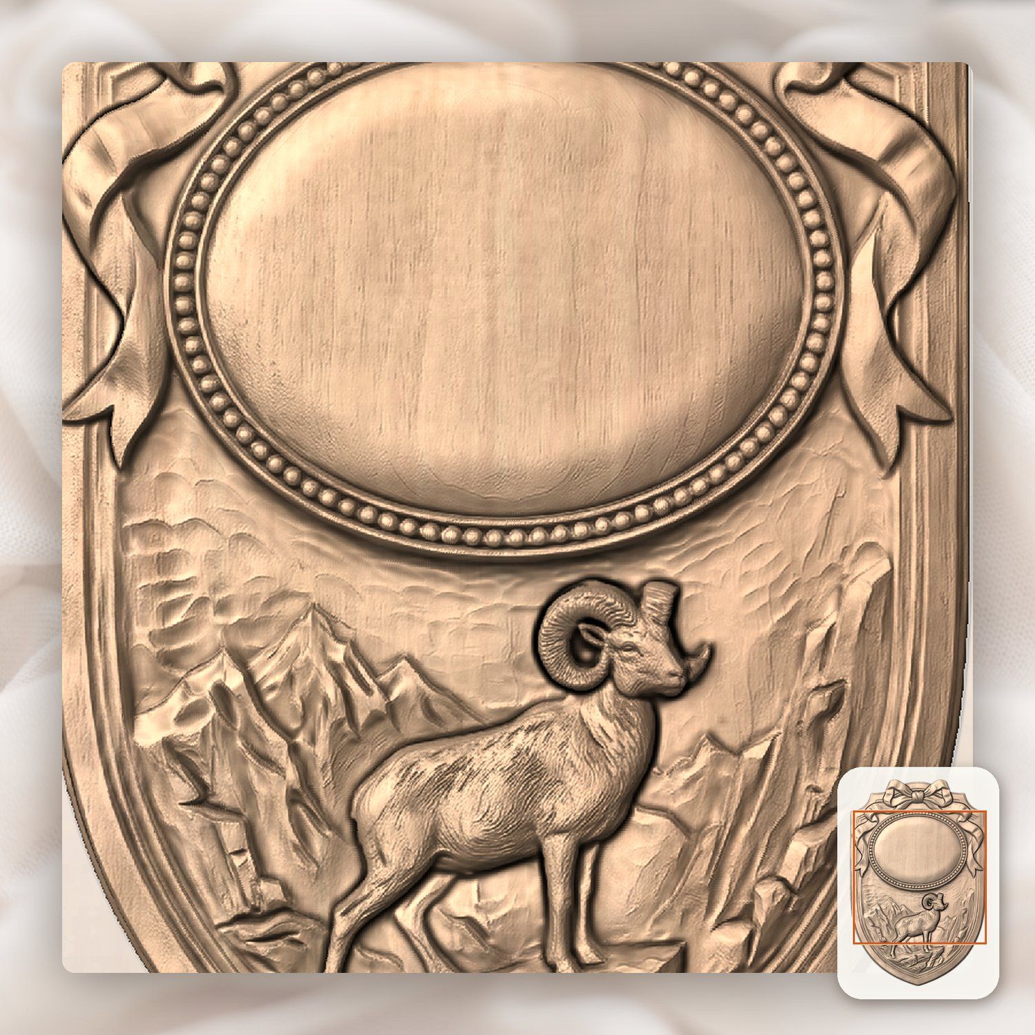 Bighorn Ram Mountain Trophy Shield CNC Relief STL bas-relief STL — view 9