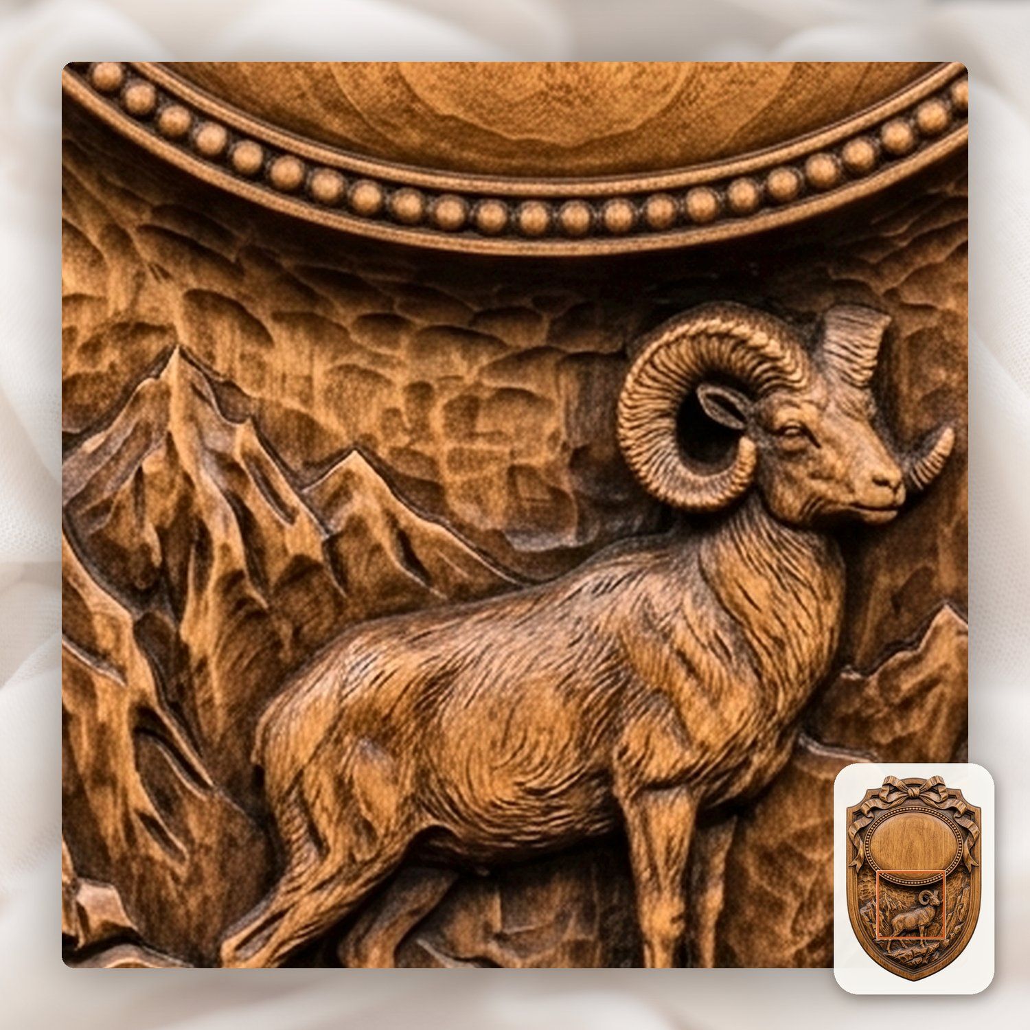 Bighorn Ram Mountain Trophy Shield CNC Relief STL bas-relief STL — view 10