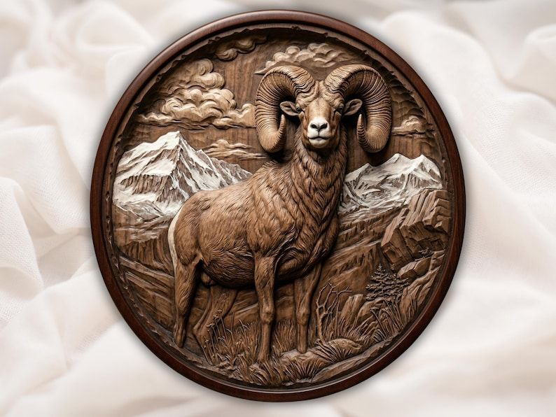 Round wood relief carving of a bighorn ram standing on rocks with snowy mountain peaks behind him