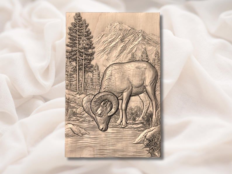 Bighorn Ram Drinking at a Mountain River Bas-Relief STL bas-relief STL — view 2