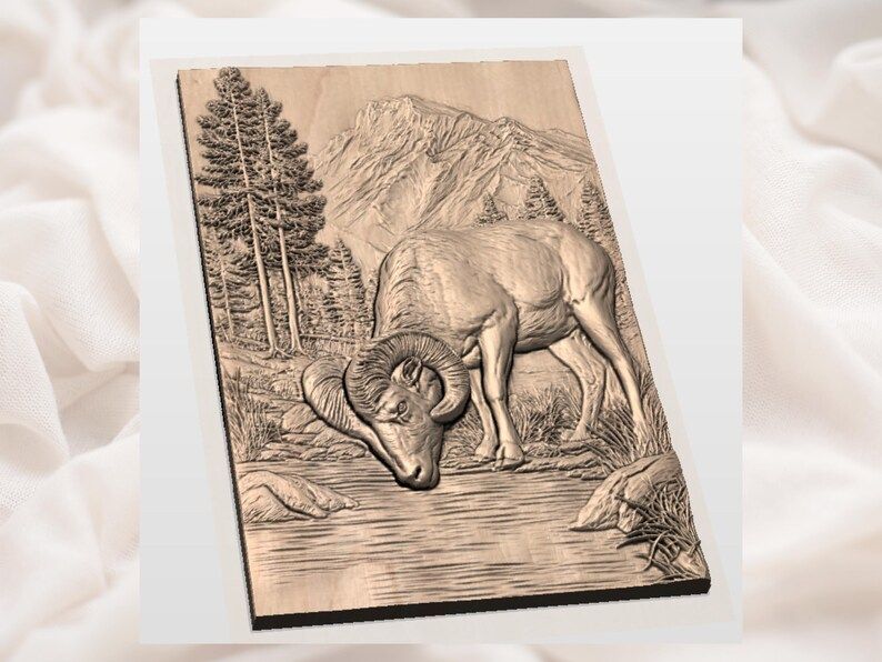 Bighorn Ram Drinking at a Mountain River Bas-Relief STL bas-relief STL — view 3