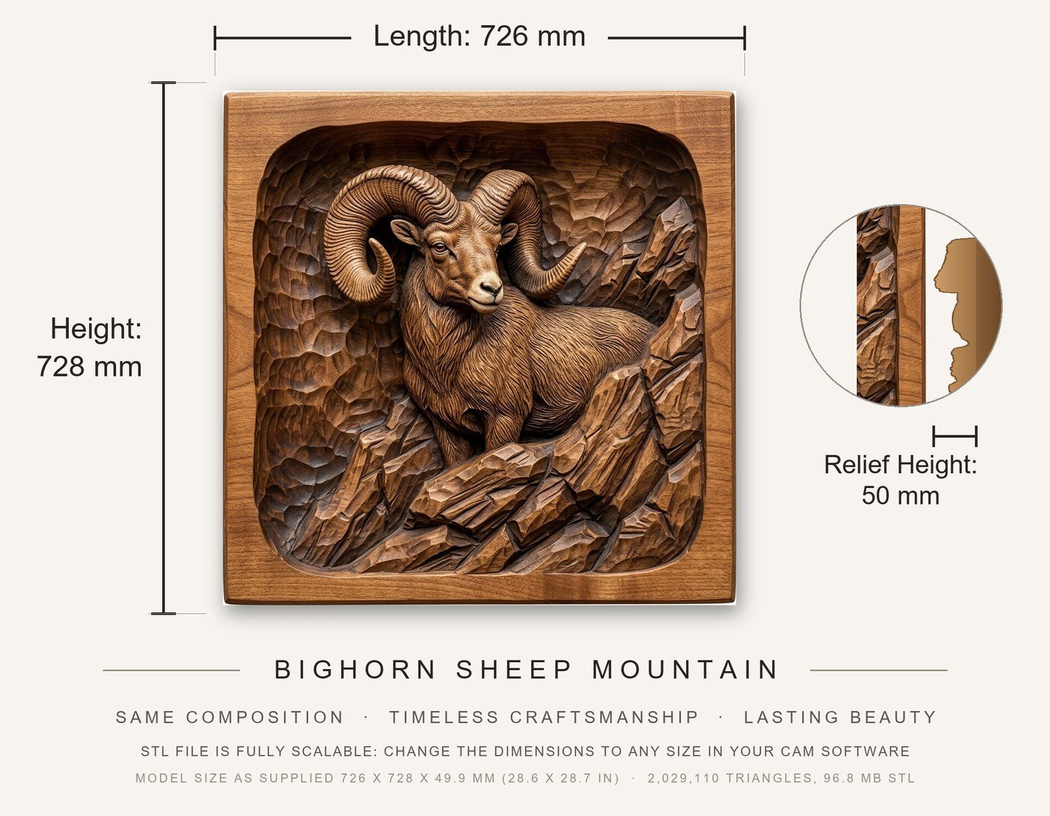 Bighorn Sheep Mountain CNC Relief STL bas-relief STL — view 3