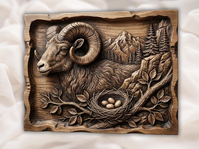 Carved wood relief of a bighorn ram with curled horns resting above a bird's nest, mountains and pines behind.