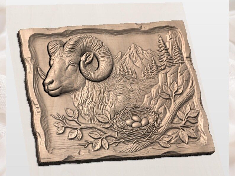 Bighorn Ram Resting Above a Bird's Nest, Mountain Relief STL bas-relief STL — view 2