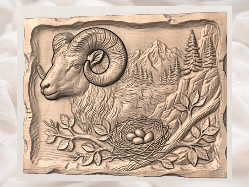Bighorn Ram Resting Above a Bird's Nest, Mountain Relief STL bas-relief STL — view 3