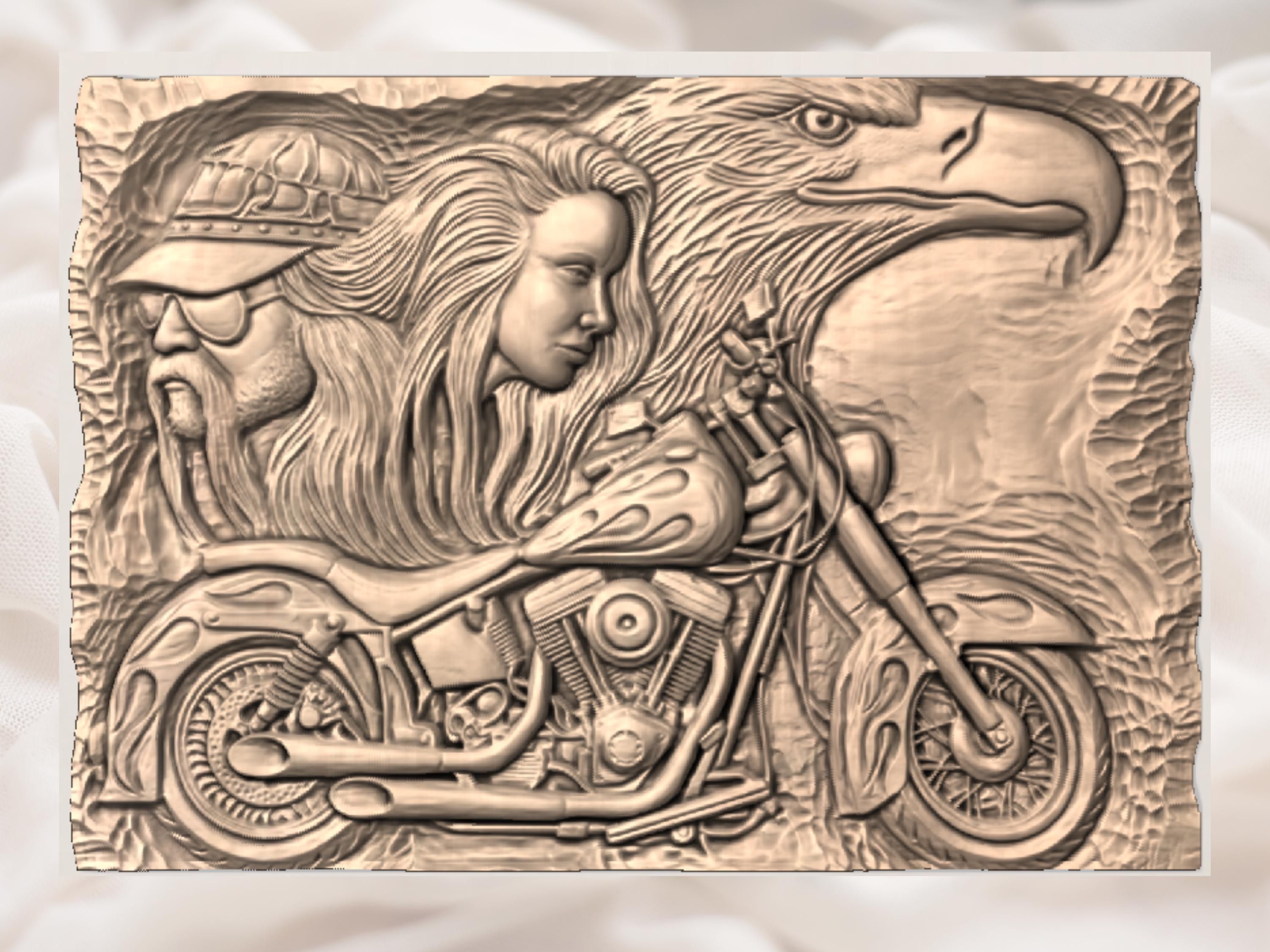 Long-Haired Rider, V-Twin Chopper and Eagle Bas-Relief STL bas-relief STL — view 2