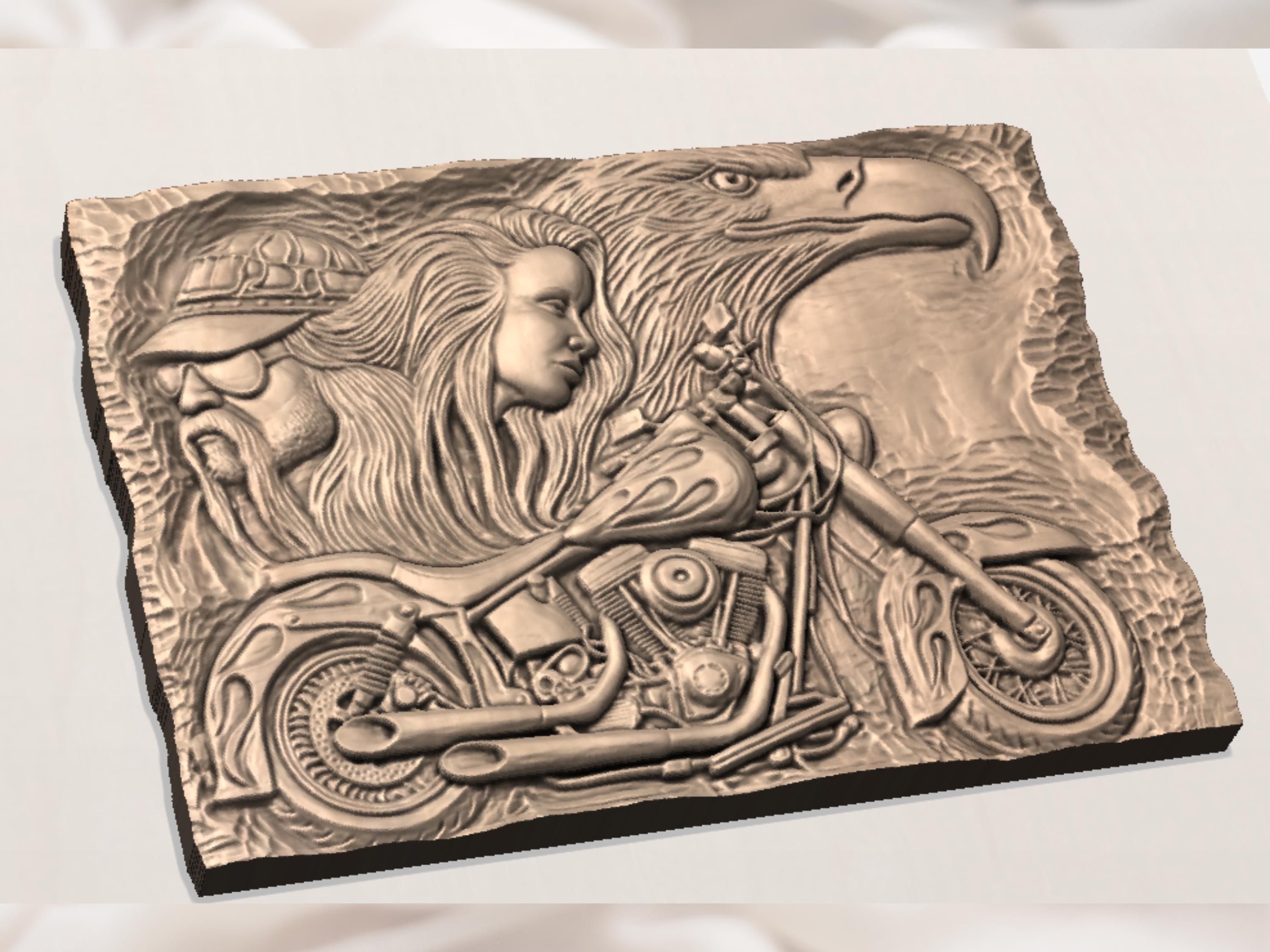Long-Haired Rider, V-Twin Chopper and Eagle Bas-Relief STL bas-relief STL — view 3