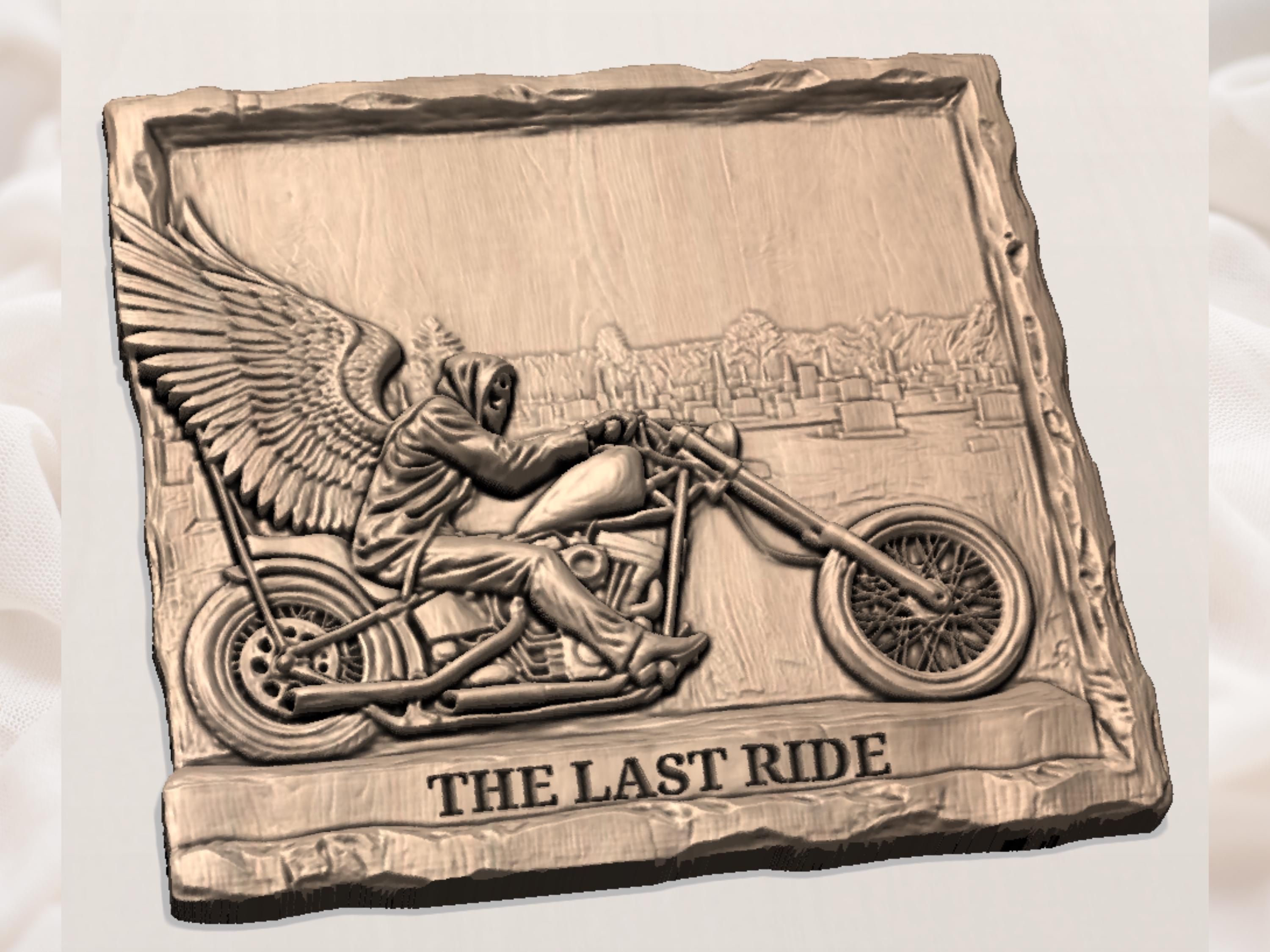 The Last Ride Hooded Skeleton Biker on a Chopper Relief STL bas-relief STL — view 2