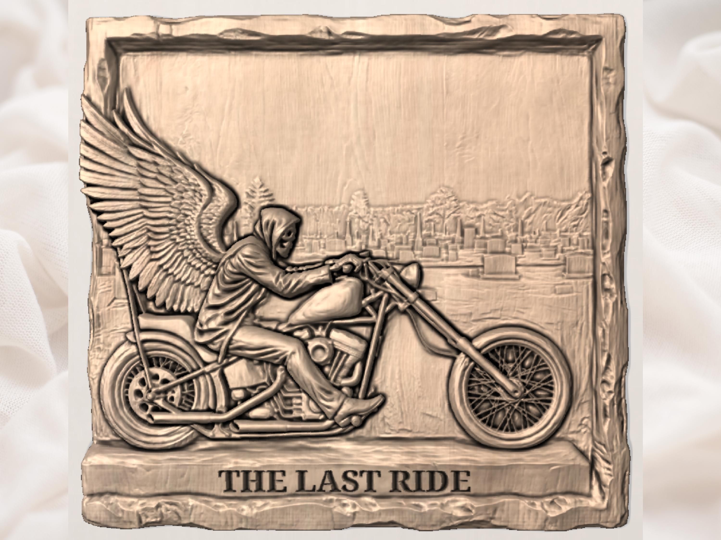 The Last Ride Hooded Skeleton Biker on a Chopper Relief STL bas-relief STL — view 3