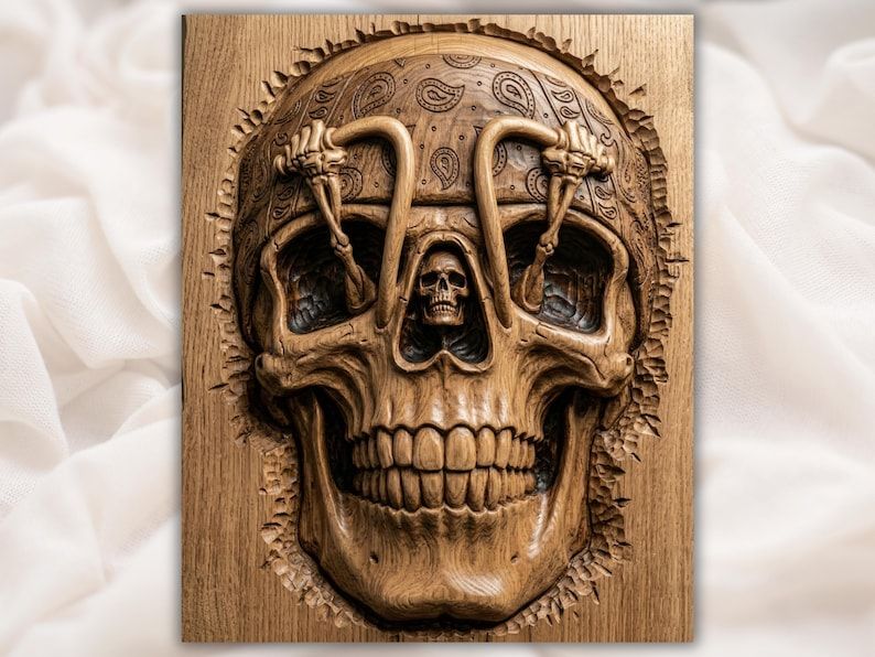 Carved wood bas-relief of a biker skull wearing a paisley bandana with handlebars and a small skull between the eyes