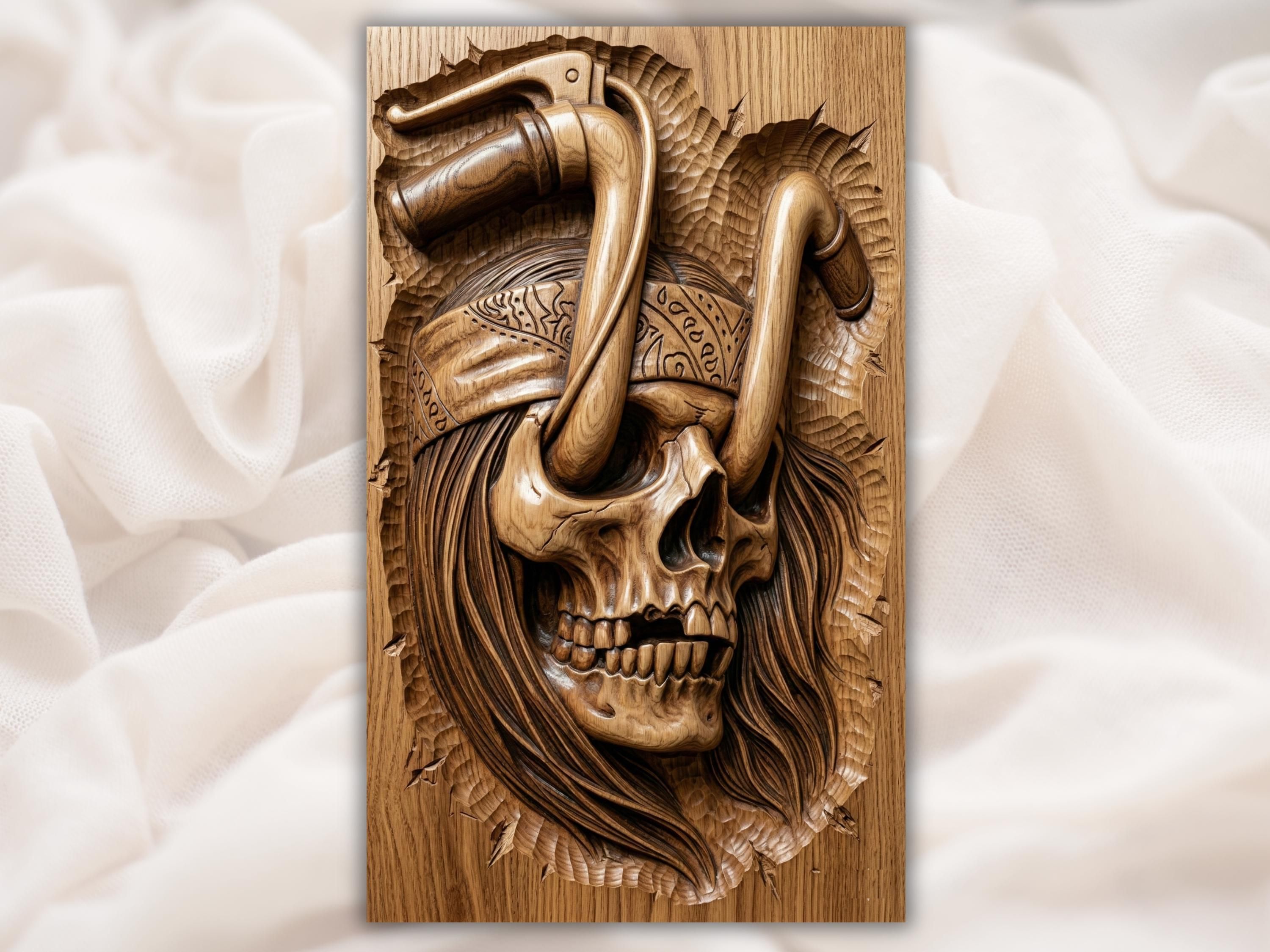 Bas-relief wood carving of a skull with motorcycle handlebars rising from the eyes and a paisley bandana