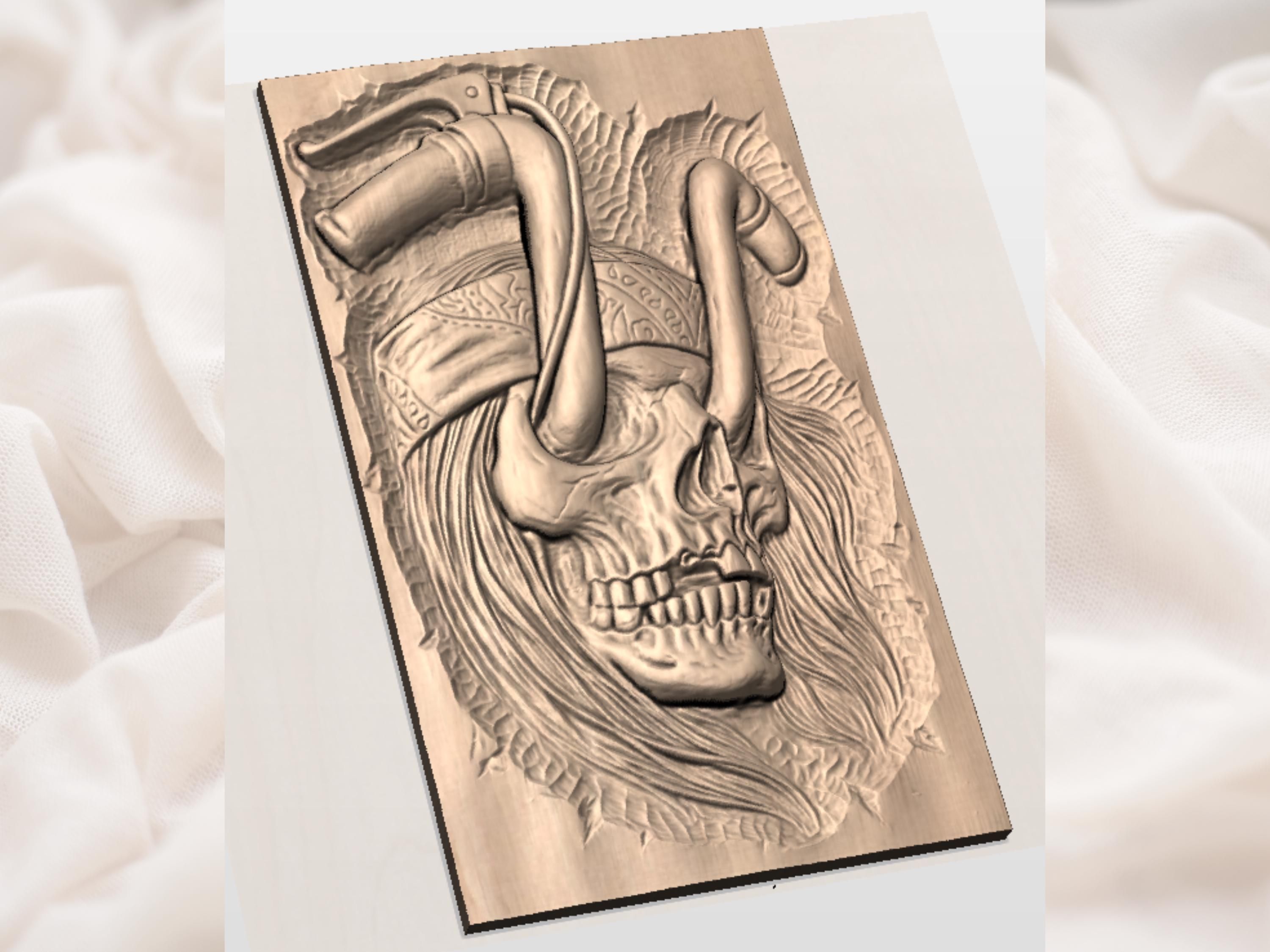 Biker Skull STL with Motorcycle Handlebar Horns Bas-Relief bas-relief STL — view 2