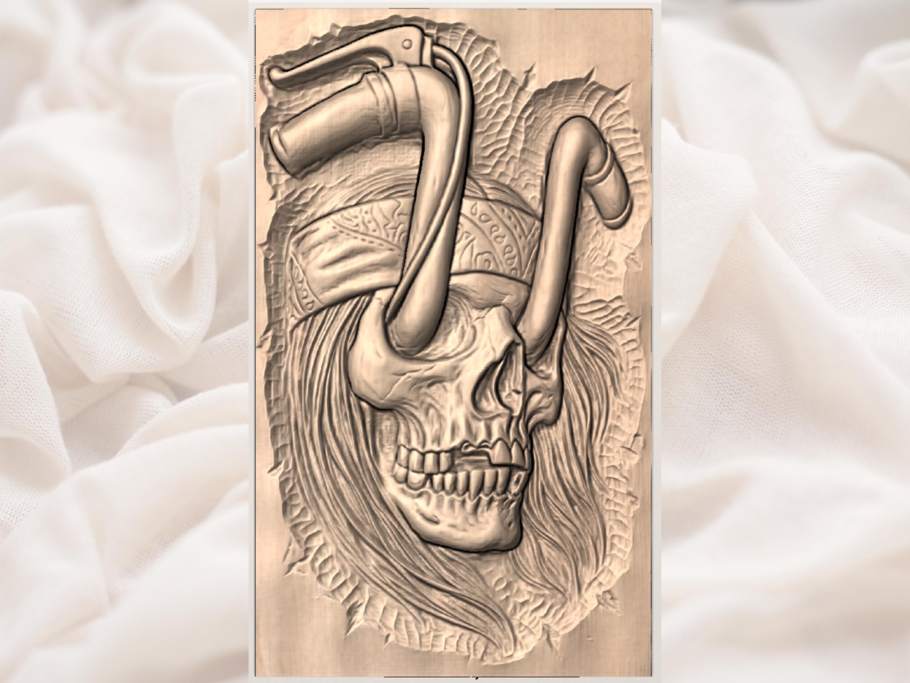 Biker Skull STL with Motorcycle Handlebar Horns Bas-Relief bas-relief STL — view 3