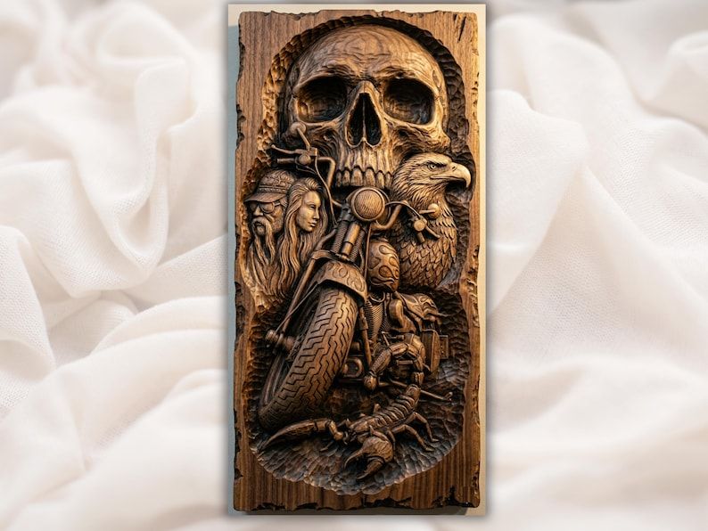 Carved wood bas-relief of a skull above a chopper motorcycle with a rider, eagle, and scorpion.
