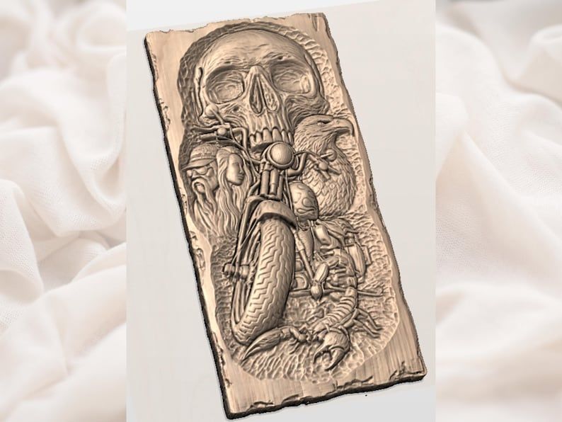 Biker Skull and Chopper Bas-Relief STL with Eagle and Scorpion bas-relief STL — view 2