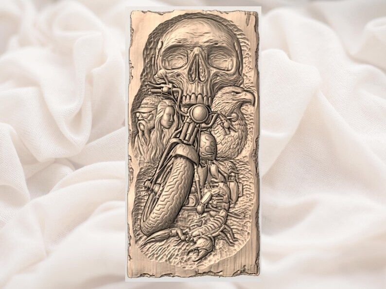 Biker Skull and Chopper Bas-Relief STL with Eagle and Scorpion bas-relief STL — view 3