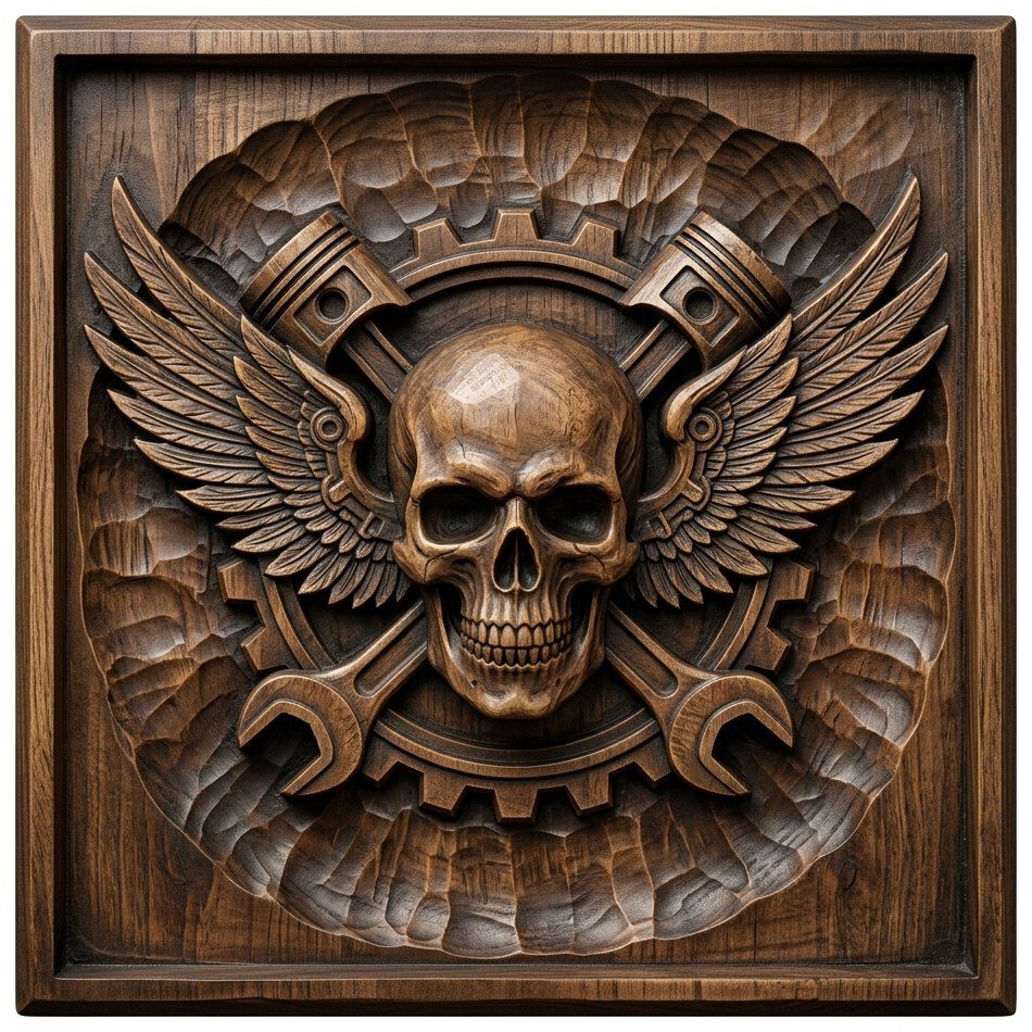 Biker Skull Piston Wings Gear Medallion CNC Relief STL bas-relief STL — view 12