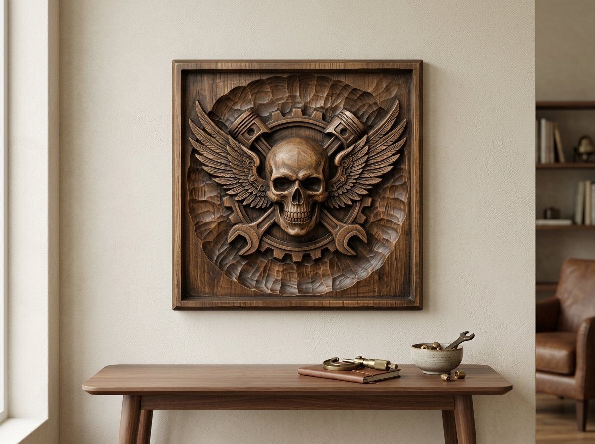 Biker Skull Piston Wings Gear Medallion CNC Relief STL bas-relief STL — view 13