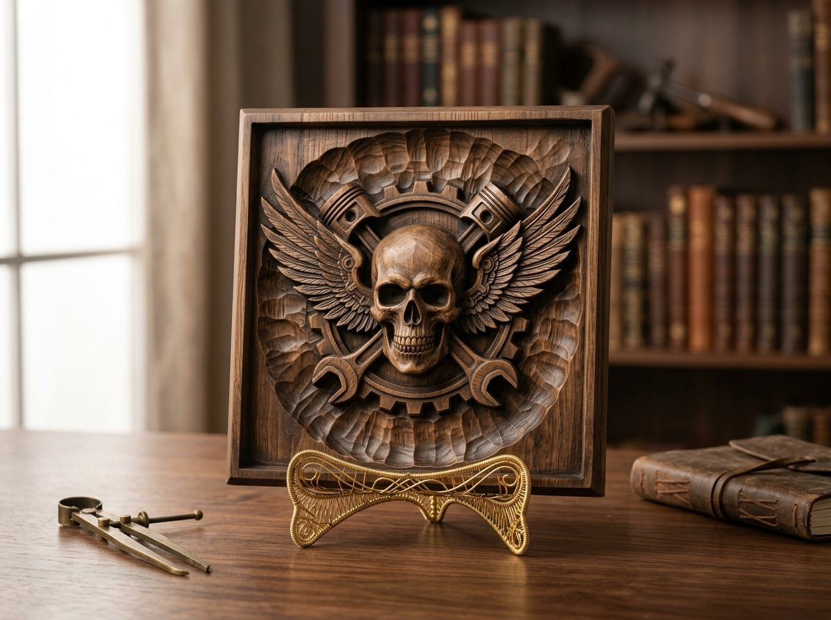 Biker Skull Piston Wings Gear Medallion CNC Relief STL bas-relief STL — view 14