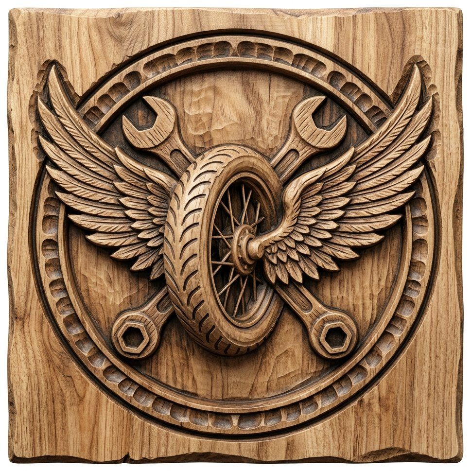Biker Wings Garage Wall Art | Custom Motorcycle Shop Decor | Mechanic Workshop Sign Relief | Wood Carving CNC Model — carved bas relief STL file for CNC
