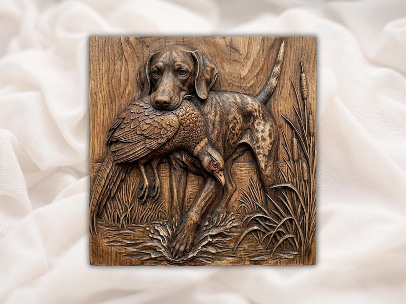 Carved wood relief of a hunting retriever dog holding a pheasant by marsh grass and water
